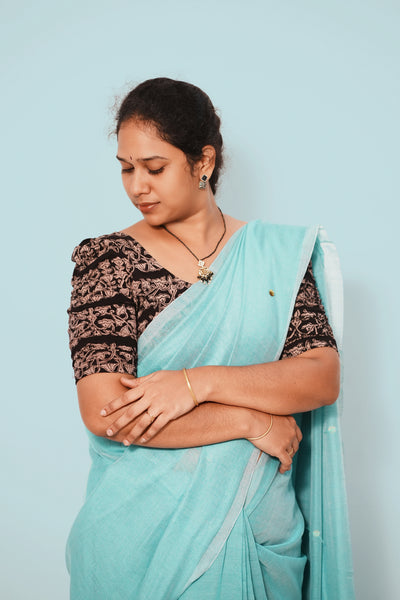 KALAMKARI BUTTA  ROUND NECK 10 INCH HANDS STRECHBLE BLOUSE