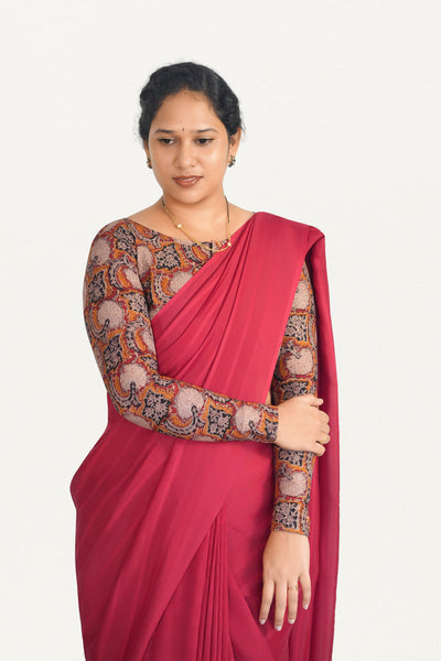 KALAMKARI BOAT  NECK FULL HANDS STRECHBLE BLOUSE