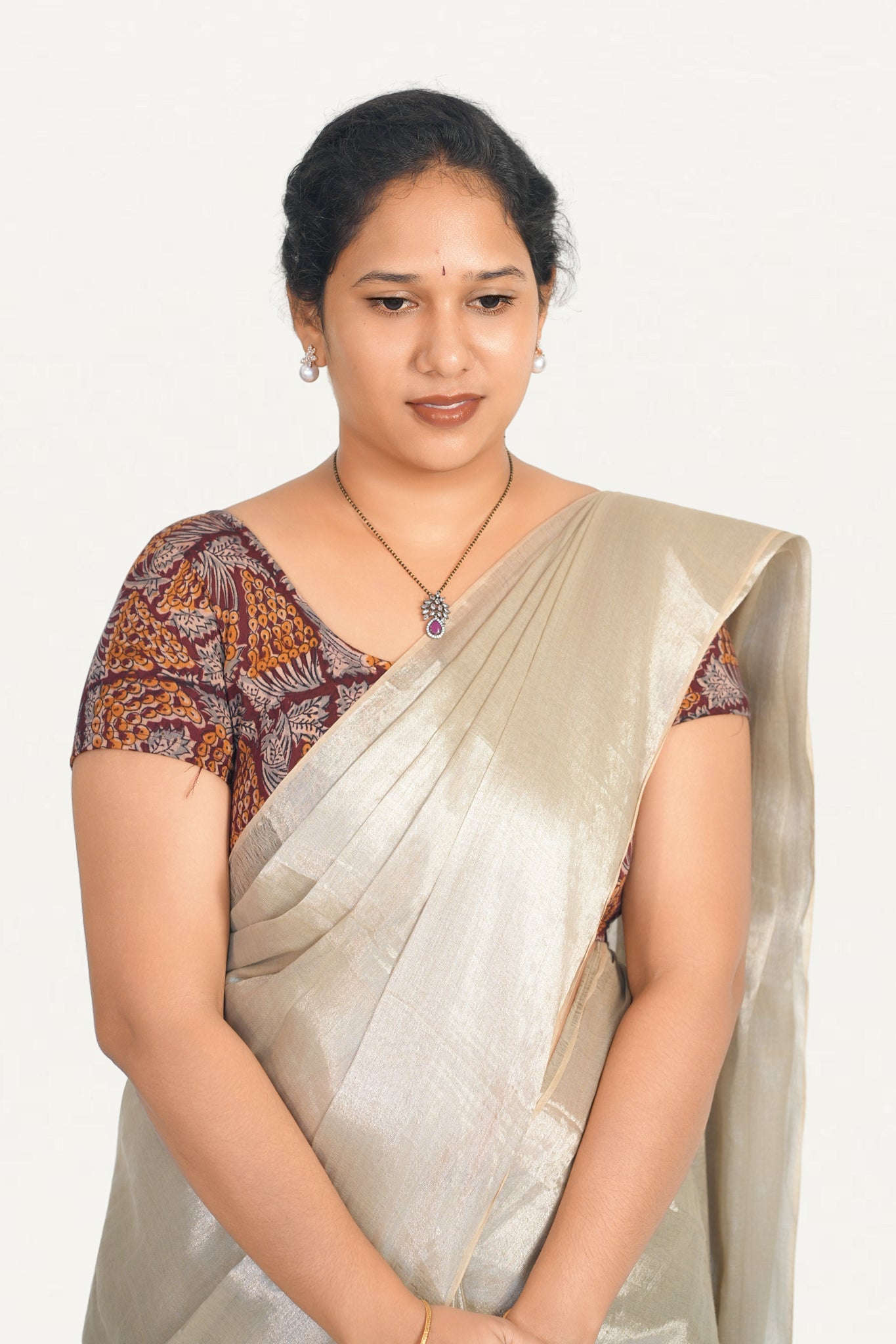 KALAMKARI ROUND NECK SHORT HANDS STRECHBLE BLOUSE