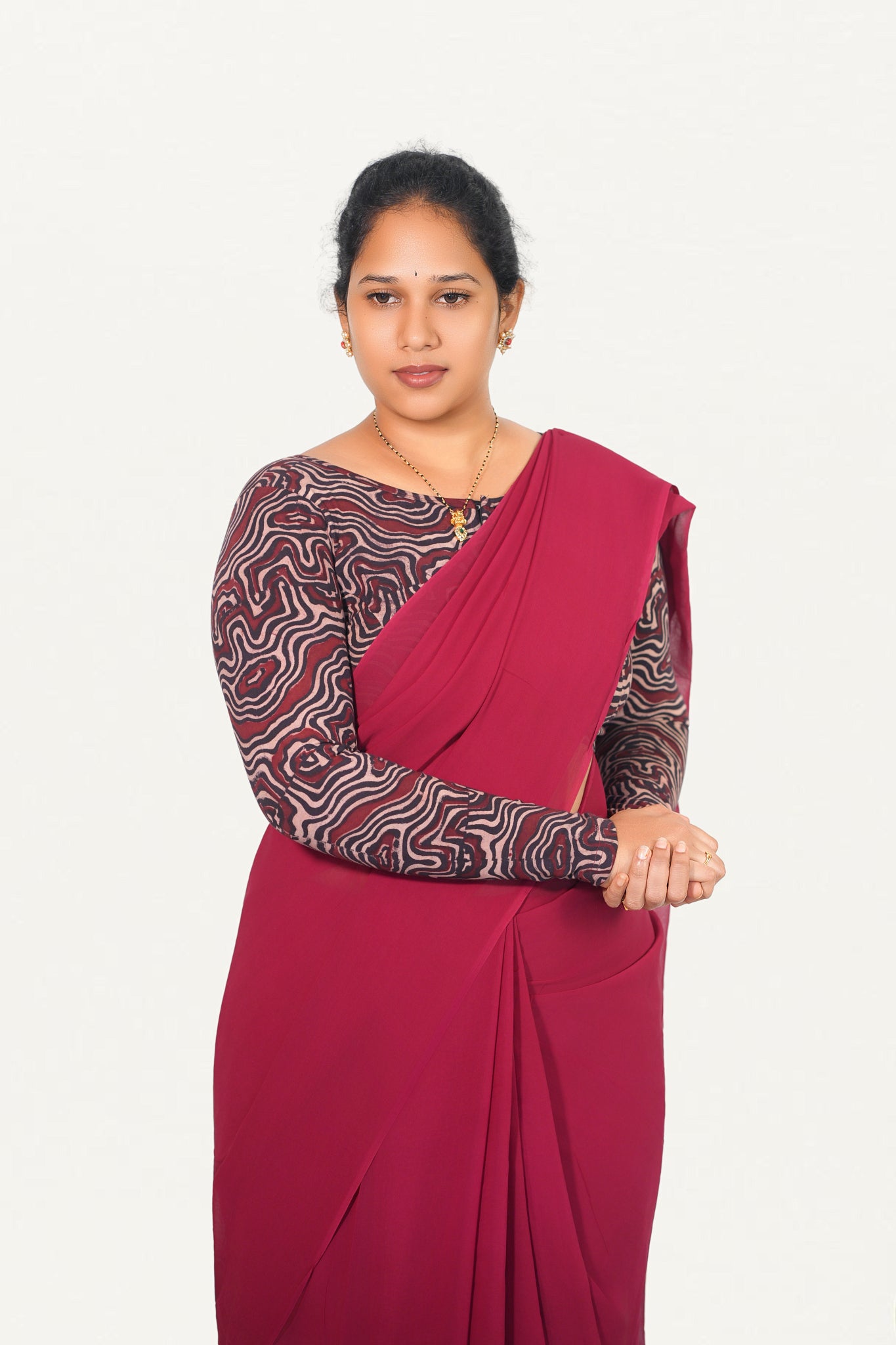 KALAMKARI BOAT  NECK FULL HANDS STRECHBLE BLOUSE