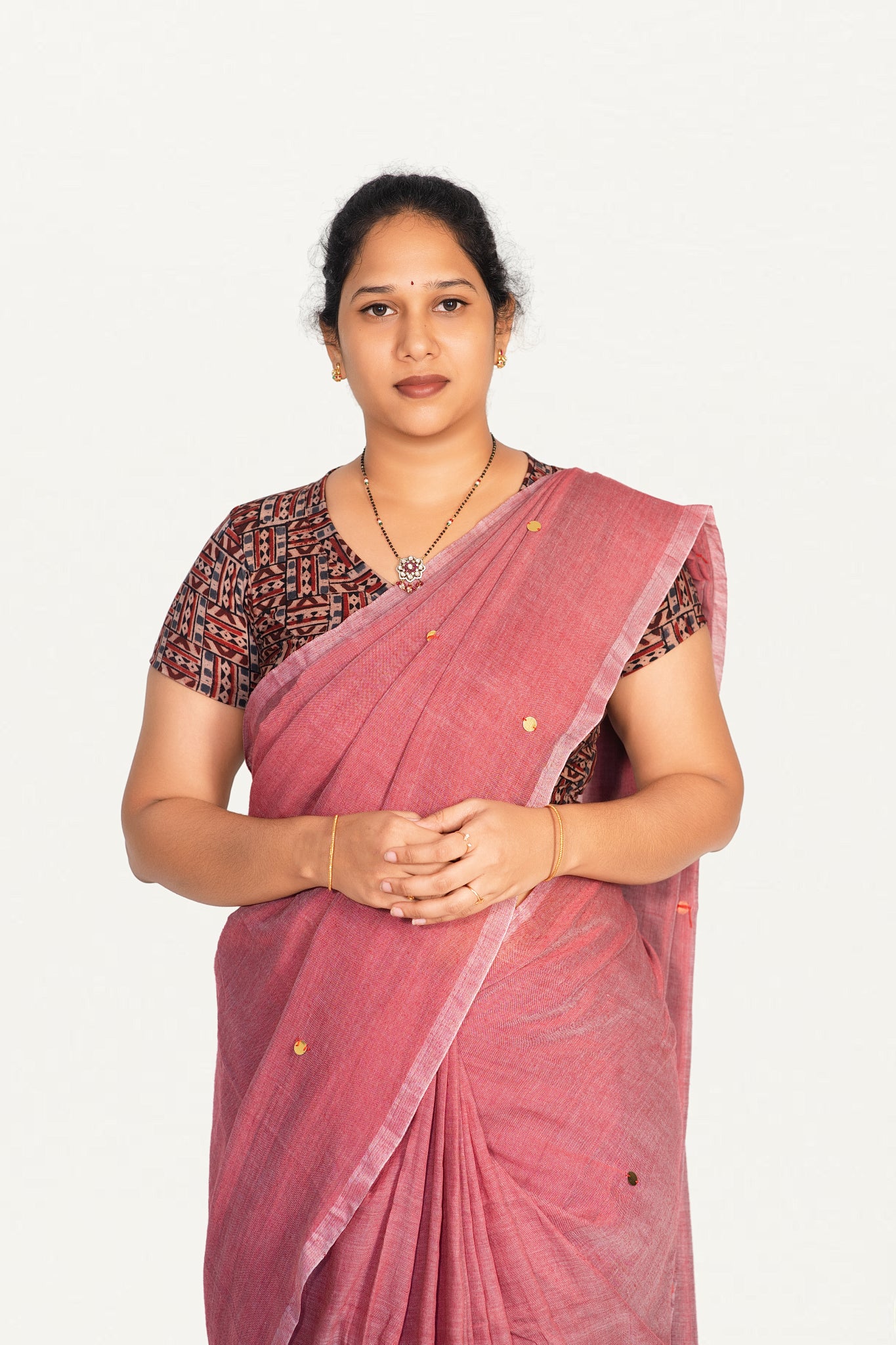 KALAMKARI V NECK SHORT HAND  STRECHBLE BLOUSE