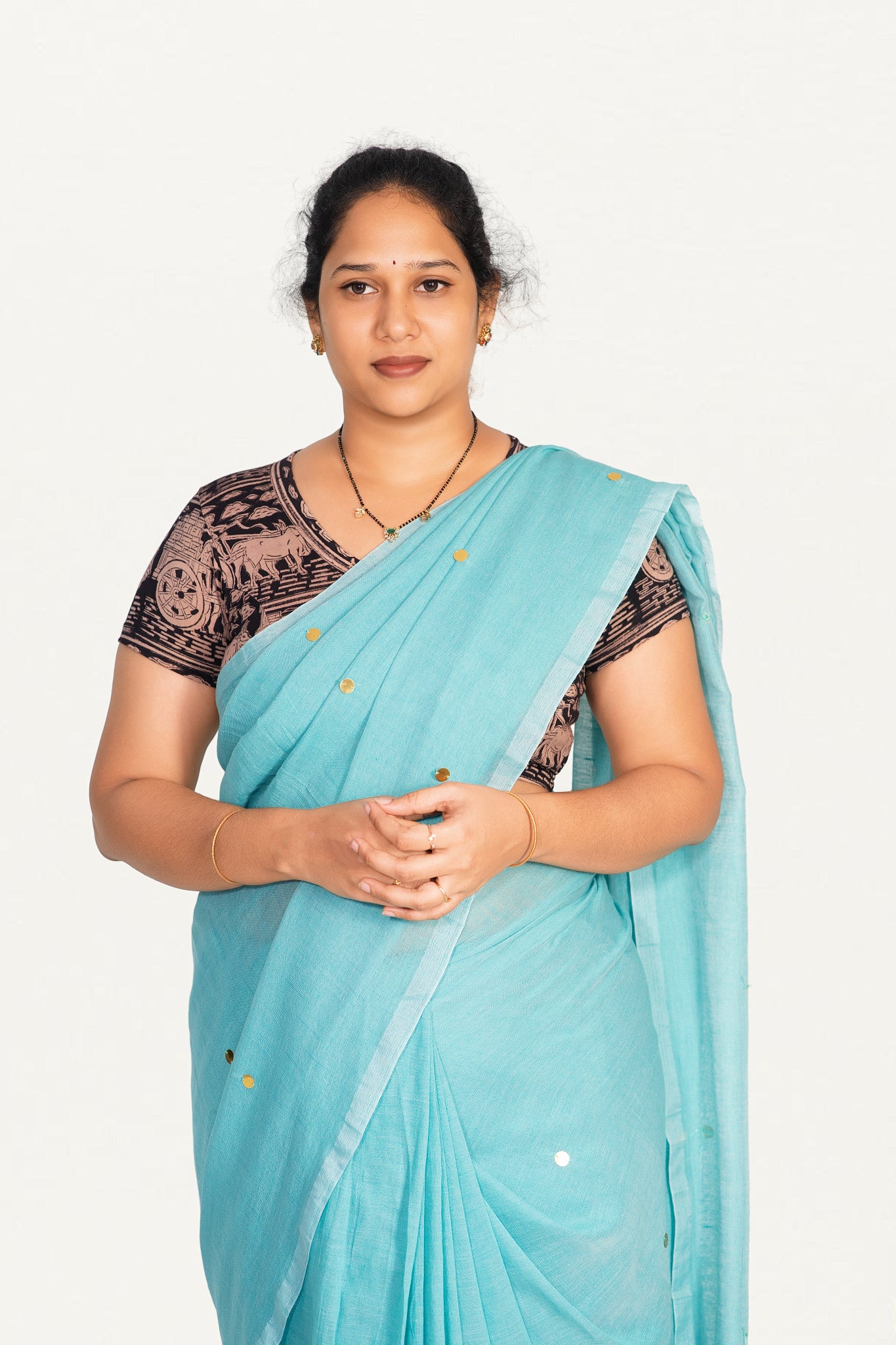 KALAMKARI V NECK SHORT HAND  STRECHBLE BLOUSE