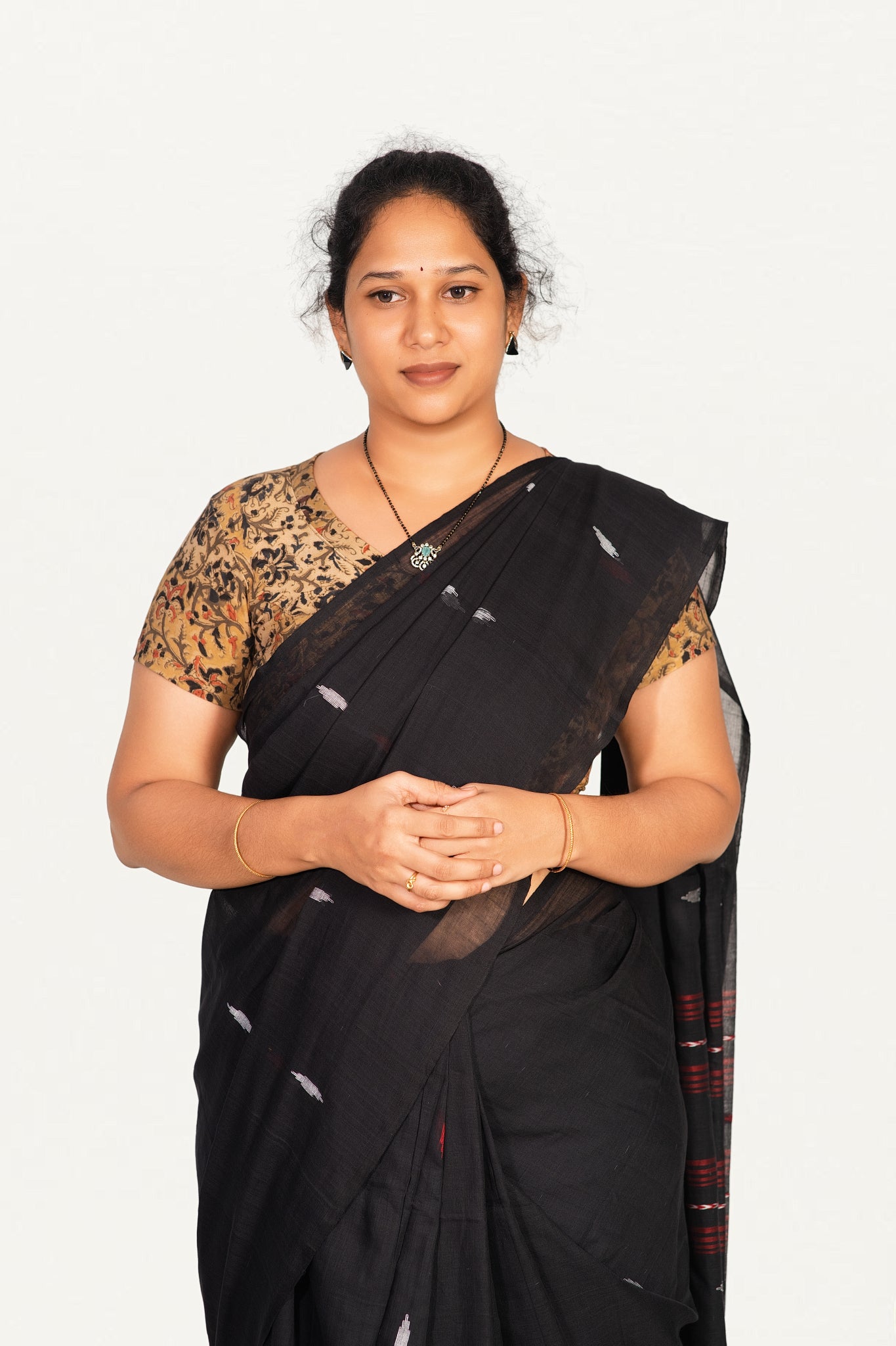 KALAMKARI V NECK SHORT HAND  STRECHBLE BLOUSE