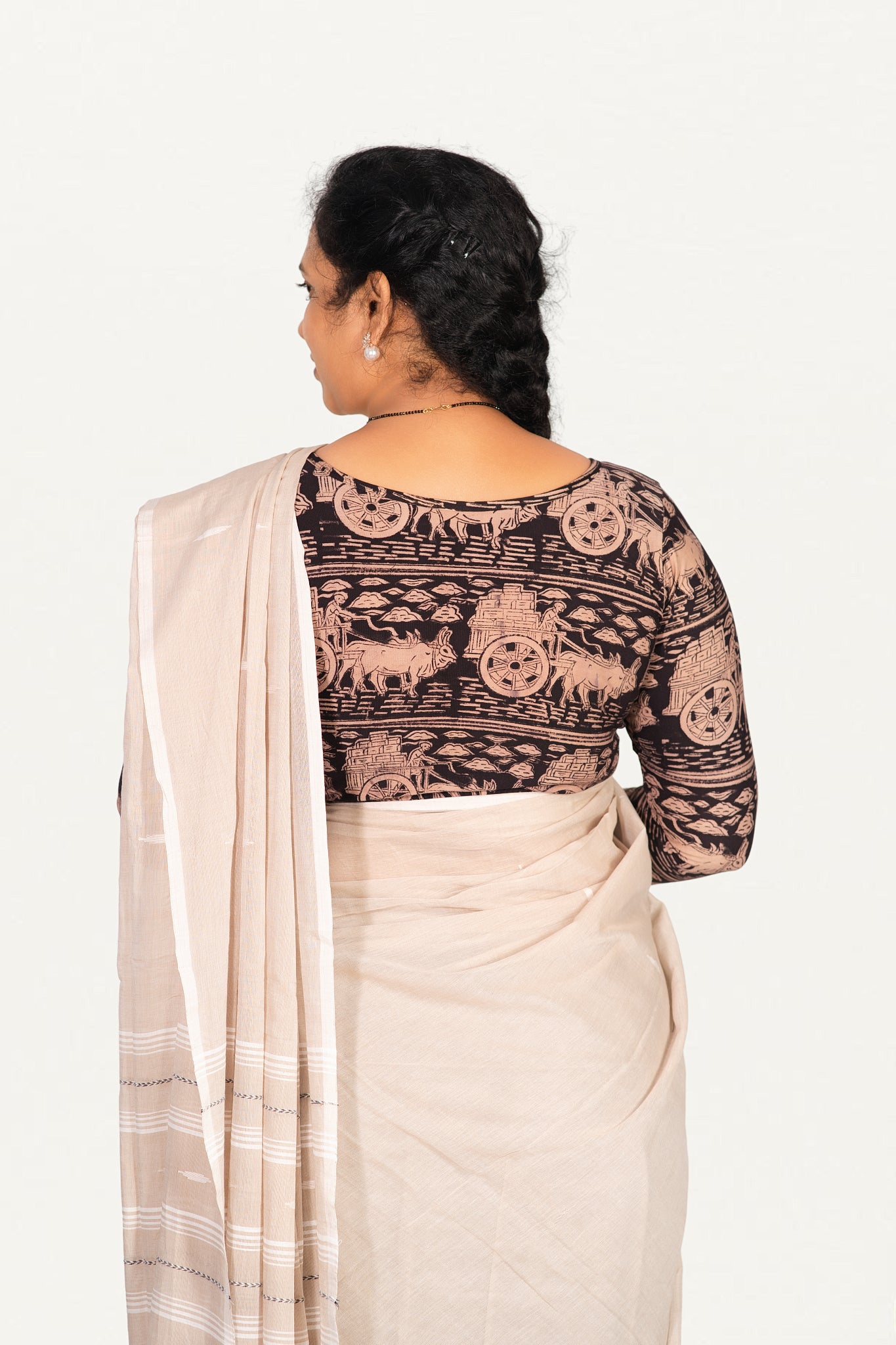 KALAMKARI BOAT NECK OPEN 3/4  HAND'S STREACHBLE  BLOUSE